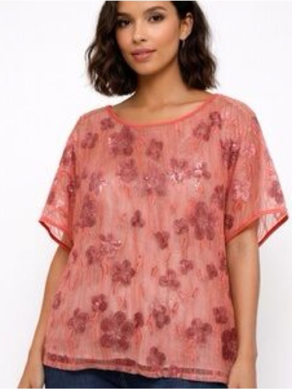 Bob Mackie Wearable Art Pink Floral Sequined Mesh Top